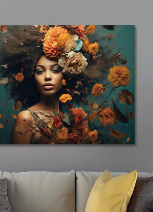Glasbild 120x80cm Frau mit orangefarbenen Blumen rechts